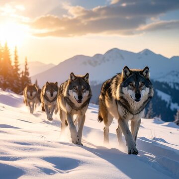 wolf pack in the snowy mountains