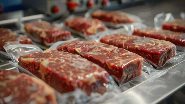 Premium cuts marbled beef, sealed vacuum packaging, are neatly arranged stainless steel countertop butcher shop, highlighting quality freshness for discerning customers traditional meat retail setting