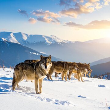 wolf pack in the snowy mountains