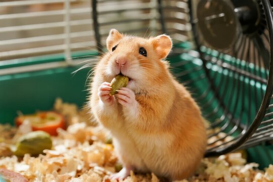 A golden hamster eating a green seed in its cage with wood shavings and a running wheel in the background