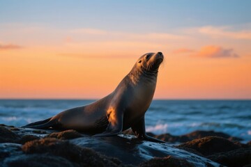 Fototapeta premium Sea lion resting on rocks at sunset by the ocean