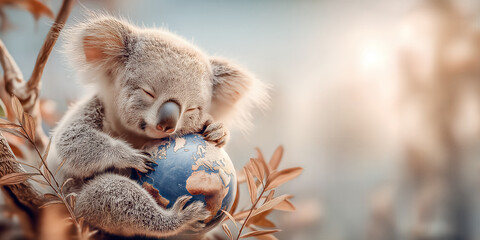 Obraz premium Mother koala hug. Maternal koala cradles planet amid tranquil evening glow and lush foliage