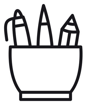 Minimalist black line vector icon of a pen and pencils sitting in a desk organizer cup, isolated on a white background. Perfect for office, school, education, and stationery design projects.