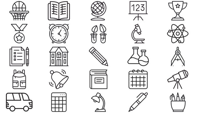 25 Minimalist Black Line Vector Icon Set Collection: Education, Science, School, and Office Symbols including Globe, Microscope, Trophy, Book, Alarm Clock, Calculator, House, and Stationery.