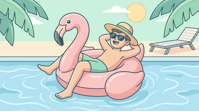 Man relaxing on pink flamingo float in pool with sunglasses and hat