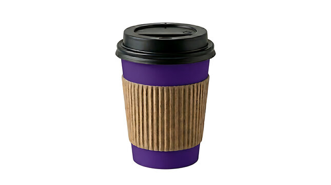 Violet purple disposable coffee cup mockup with black lid on white background