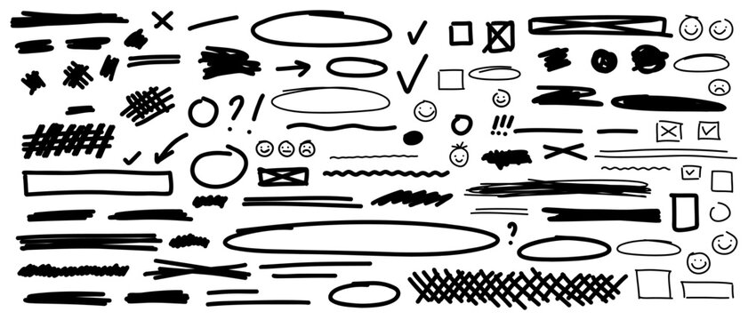 Hand-drawn marker strokes set. Сollection of black ink elements, scribbles, frames, icons for adding creative, organic touch to educational presentations, web UI wireframes, social media graphics.