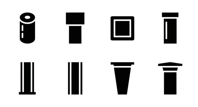 Black and white trash can icons, wastebasket symbols, garbage bin graphics, 8pcs vector set