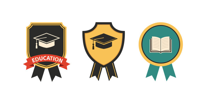 Education symbols with graduation cap and book on award badges