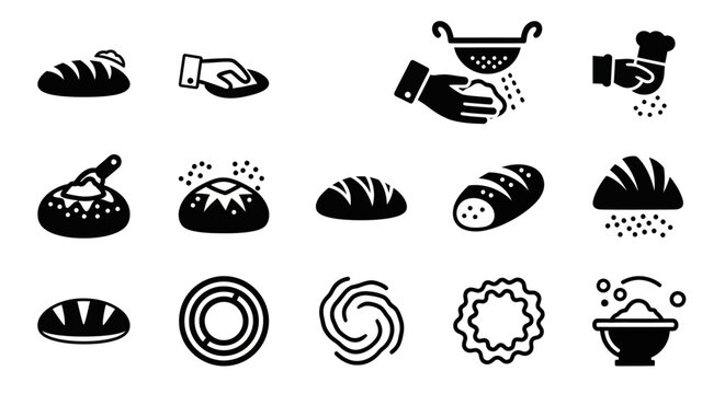 Black and white bakery icons, food symbols, bread illustrations, kitchen graphics, 13 silhouette vector graphics