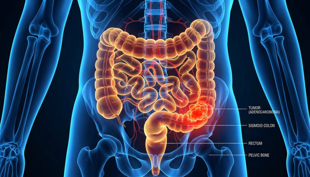 3D Medical Illustration of Colorectal Cancer Showing Adenocarcinoma Tumor in the Sigmoid Colon