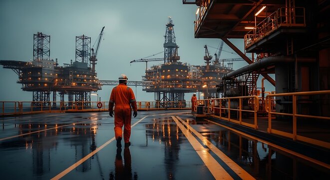 Worker walks on wet platform of oil rig under overcast sky, lights illuminate structures