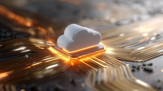 Cloud Computing Convergence: A digital cloud icon sits atop a microchip, surrounded by glowing circuits, illustrating the fusion of technology and data in the modern digital landscape.