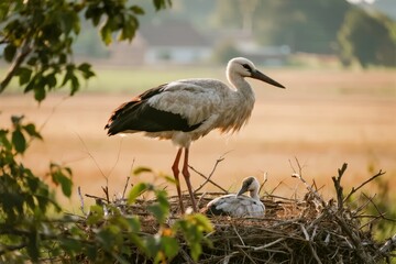 Fototapeta premium White stork standing in nest with chick, surrounded by natural landscape