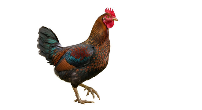 Rooster walking on white background alone.