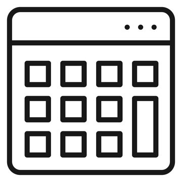 Black line art vector icon of a calculator, minimalist electronic device symbol for accounting, finance, math, and business calculations, isolated on a white background graphic illustration.