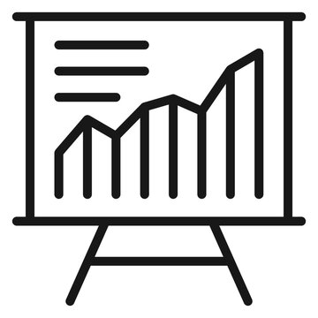 Minimalist black line vector icon of a business presentation board or easel featuring a bar chart and upward growth trend line. Professional illustration for data analysis and marketing reports.
