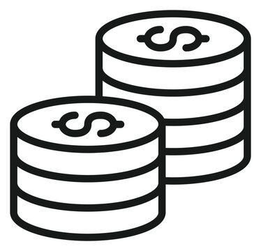Black line art vector icon illustration of two stacks of dollar coins. Minimalist symbol representing money, finance, banking, savings, wealth, profit, and investment. Scalable graphic design.