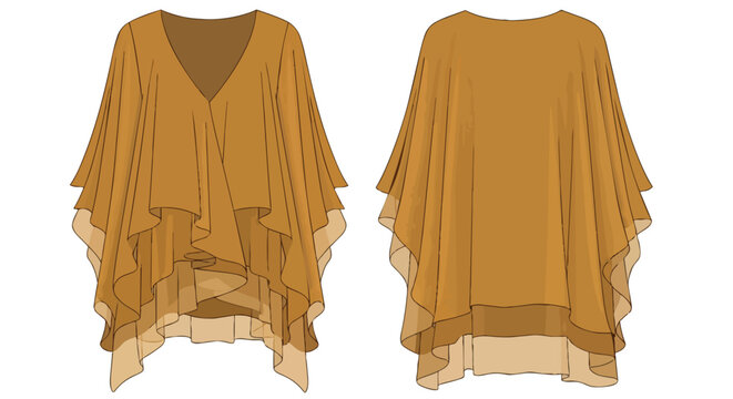 Elegant layered chiffon poncho blouse technical flat drawing in warm amber tone. Loose-fitting V-neck tunic design with draped asymmetrical hem