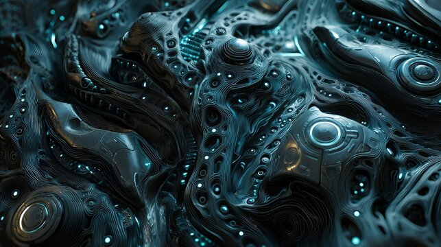 Alien Tech Abstraction: A detailed close-up reveals a mesmerizing landscape of intricate alien technology, a symphony of organic forms and glowing accents in shades of deep blue.