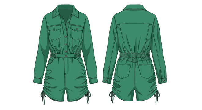 Contemporary women's utility green romper fashion flat design front and back views with long sleeves belted waist and adjustable drawstring shorts