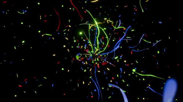 3d render of colorful neon confetti ribbons and glowing particles exploding outward, transitioning from high velocity to cinematic slow motion deceleration for dramatic festive visual effects.