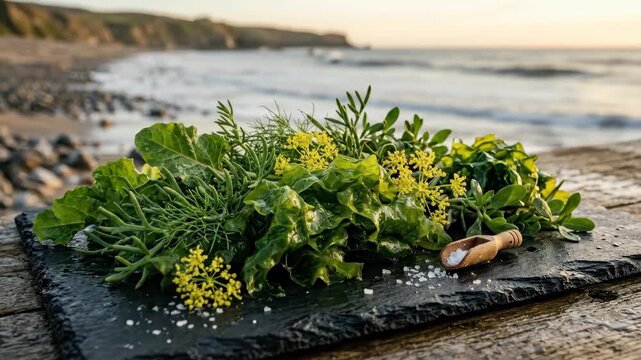an intimate detail shot focusing on the lush textures of fresh sea lettuce and edible herbs atop a dark slate slab, subtly positioned by a serene shoreline. the warm