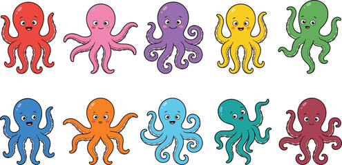 Obraz premium Cute Octopus Sticker Pack Kawaii Sea Animal Character Set Cartoon Collection Vector