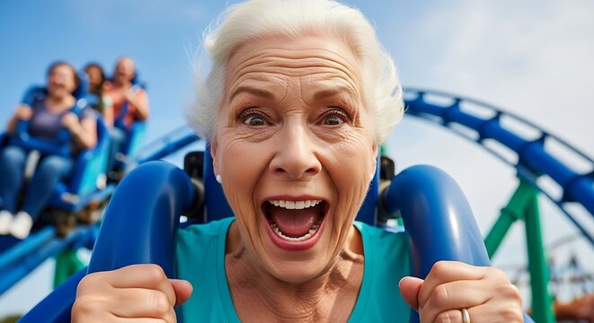 Excited senior woman enjoying a thrilling roller coaster ride.