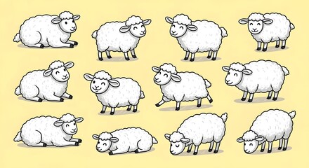 Fototapeta premium Collection of Cute Cartoon Sheep in Various Poses.