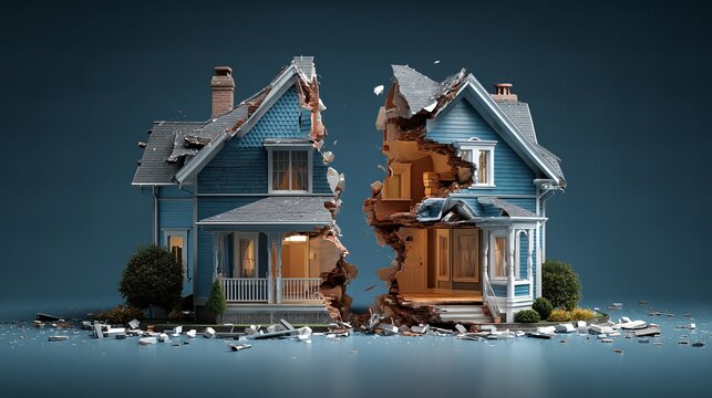 Divided Dream: A symbolic representation of separation and loss, a house split apart, conveying themes of brokenness, and the end of unity.
