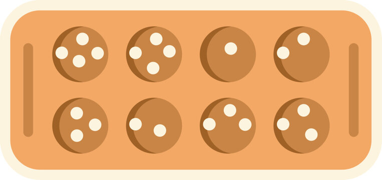 Simple flat style illustration of a wooden mancala board with playing pieces arranged neatly