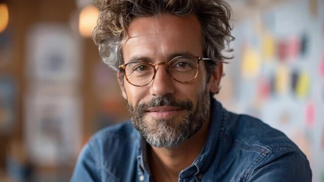 In lively, well-lit office, bespectacled man curly locks beams warmly, surrounded by vibrant, colorful sticky notes that dot dynamic creative workspace, infused sense community warm, inviting ambience