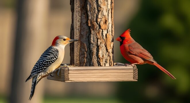 Red-bellied Woodpecker and Northern Cardinal share a bird feeder.