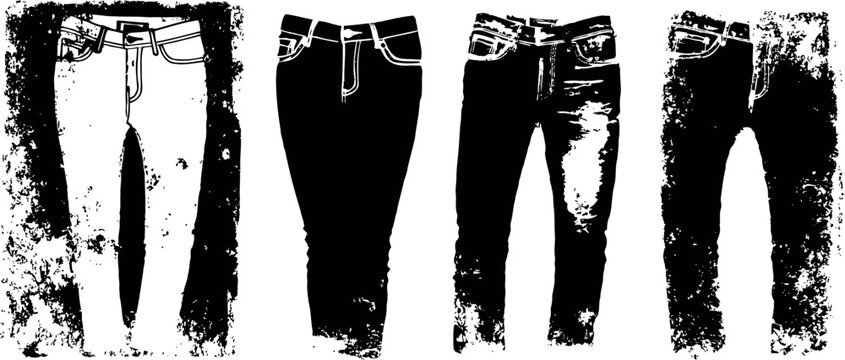 four grunge distressed jeans silhouettes with textured worn and torn patterns