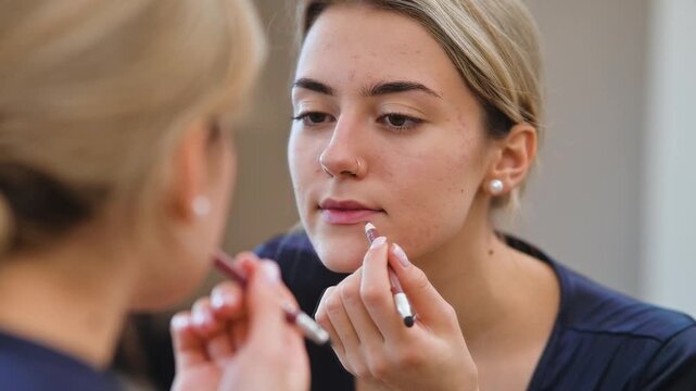 A model engages in makeup application with a beauty artist in a studio setting. The process includes close-up views of lip product application, highlighting techniques and tools used