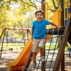 Fototapeta premium Excited young boy climbing on playground equipment with a slide.