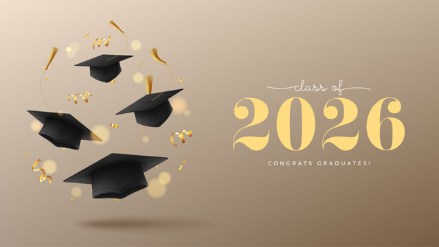 Banner for design of graduation 2026. Graduation caps, golden confetti and serpentine. Congratulations graduates of 2026. Vector illustration for degree ceremony in college, school, university.