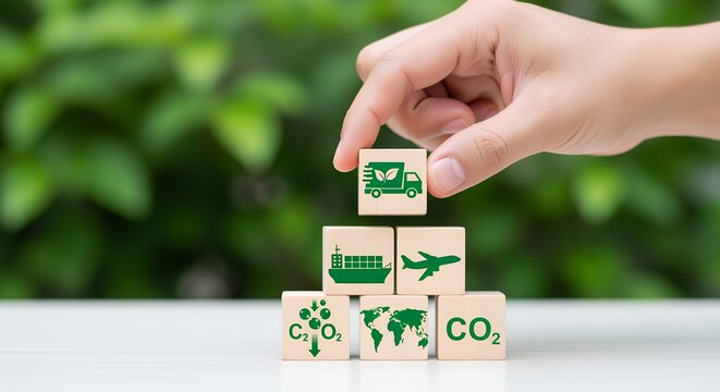 Hand stacking wooden blocks with green icons representing sustainable transportation global impact and carbon reduction towards a greener future sustainability eco friendly