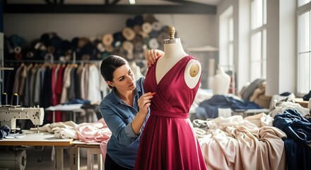 Obraz premium Professional Fashion Designer Making a Design Revision on a Red Gown