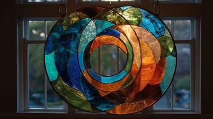 Fototapeta premium Stained Glass Masterpiece: A stunning display of artistry featuring vibrant hues and intricate patterns, illuminated by natural light, hanging in front of a window.