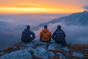 Fototapeta premium Friends take break at mountain viewpoint during sunset with a view of the valley below