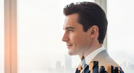 Fototapeta na wymiar Confident businessman in profile superimposed over a panoramic view of city skyscrapers at sunrise evoking success and urban ambition finance corporate career professional
