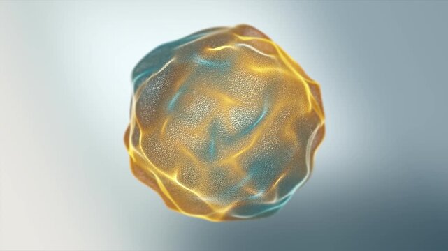 Golden glowing particle sphere loop on light background. Yellow cyan plasma orb soft flowing surface and granular texture. Abstract futuristic energy ball with smooth motion and depth. 4K 60fps loop