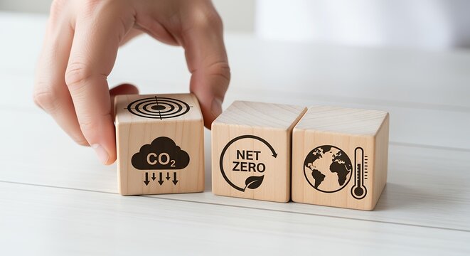 A hand places a wooden cube with a CO2 cloud icon next to cubes depicting net zero and global warming symbolizing climate change action carbon dioxide temperature earth environment