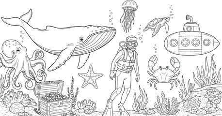 Underwater ocean doodle collection set with whale diver submarine jellyfish turtle crab coral and sea life elements coloring page style isolated on white background © MdJillur