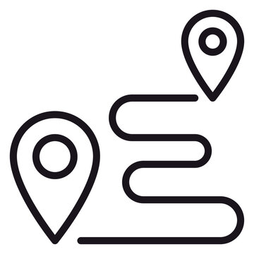 Minimalist black line vector icon of a winding navigation route with two location pin markers, representing a journey, travel path, or GPS tracking from start to destination, isolated graphic.