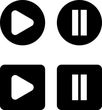 black play and pause button icon set with circular and rounded square shapes on white background art
