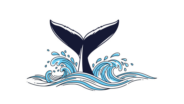 Powerful whale tail emerges from stylized blue ocean waves and water splashes in a clean minimalist graphic on a white background.
