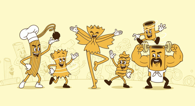 A whimsical illustration featuring various anthropomorphic pasta characters, including a chef, a dancer, and a strongman, all in a playful cartoon style.